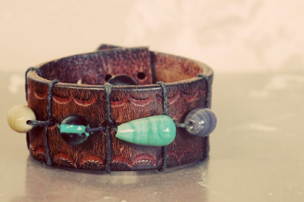 Recycled Belt with Beads Jewelry Bracelet