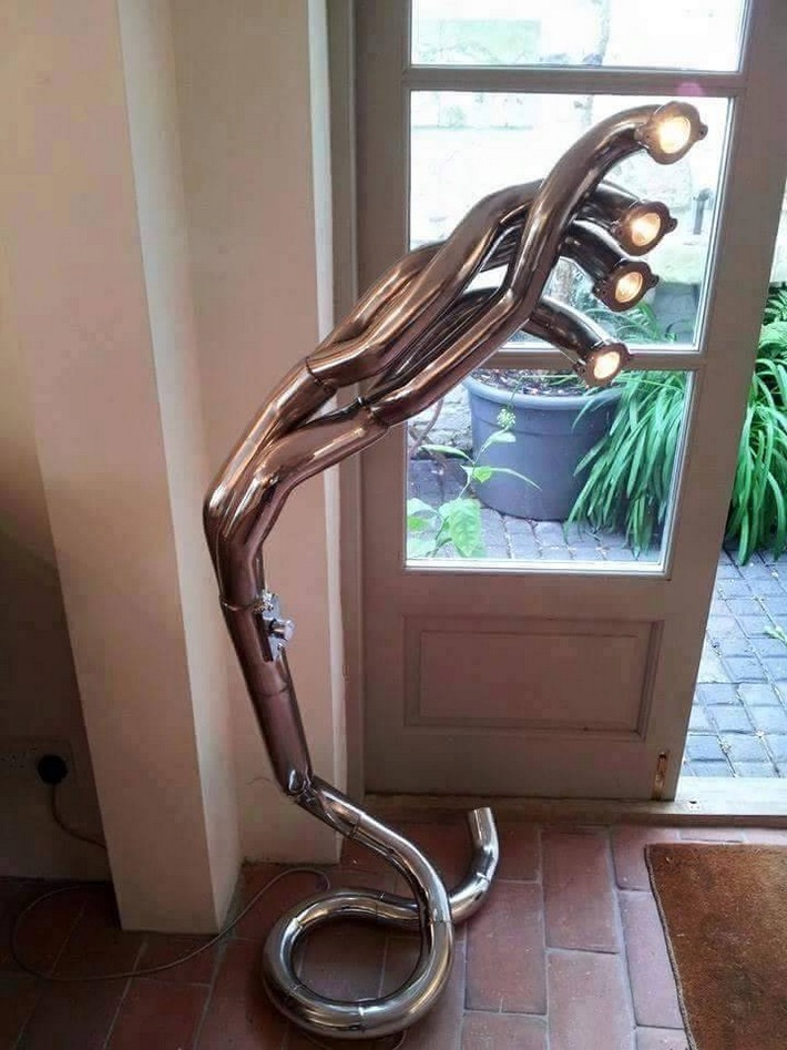 recycled motorbike silencer lamp art